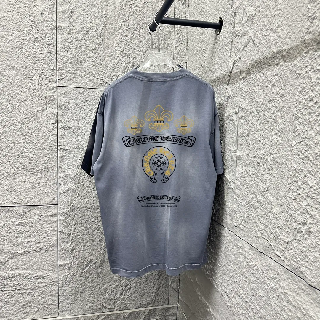 🅿️190 CH*Cro Heart 2025 Spring and Summer New Style Heavy pickling with gradient distressing Chest logo Classic Sanskrit horseshoe print Customized fabric Short-sleeved T-shirt Uniform for men and women Size: S M L